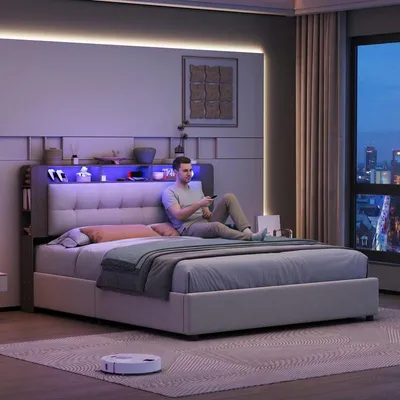 Immagine prodotto di Letto matrimoniale ProximaX 140x200 cm in velluto bianco, letto imbottito con vano contenitore idraulico, LED RGB, testiera con vano contenitore e ricarica wireless