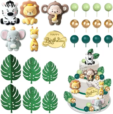 Productafbeelding van Taartdecoratie jungle dieren 27 stuks, voor verjaardagsfeest