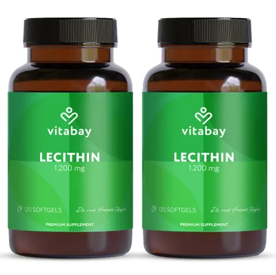 Produktbild von Vitabay Lecithin 1.200 mg – 240 vegane Softgels – mit Phosphatidylcholin aus Soja & Vitamin E – ohne Gluten, Laktose & Gentechnik