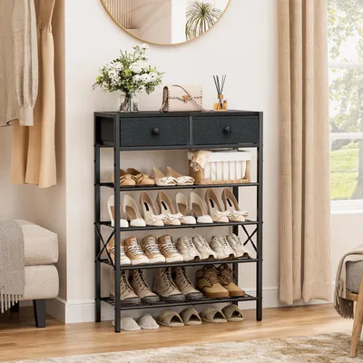 Produktbild von FABATO 5-stufiger Schuhorganizer mit 2 Vliesstoff-Schubladen & Holzplatte, stabiles Stahlregal für 16–20 Paar Schuhe.