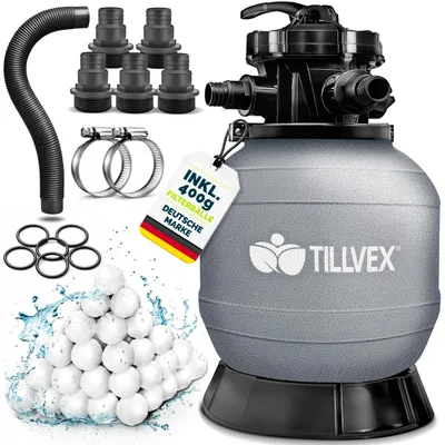 Obrázek produktu pro Pískový filtr tillvex® pro bazény bez čerpadla + 400 g filtračních kuliček pro bazény do 21 m³ (21 000 litrů) | Filtrační nádoba včetně adaptéru Ø 32–38 mm | Písková filtrační nádoba se sedmikolovým ventilem, manometrem a sací hadicí