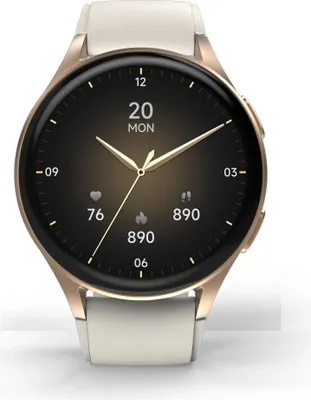 A close-up, front-facing view of a smartwatch with a gold bezel and a white strap, displayed on a white background.
