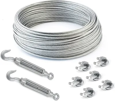 Produktbild von STAHLSEIL + 6 Klemmen + 2 Spannschloss Haken-Ose 4mm 5 Meter   6x7  Seil Seile Drahtseil DIN verzinkt
