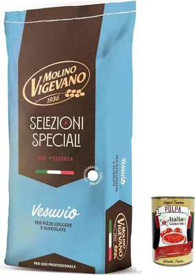 Produktbild von Molino Vigevano Farina Typ "0" Mehl, Vesuvio für hohe, weiche neapolitanische Pizza. Packung mit 10 kg + Italian Gourmet polpa 400g