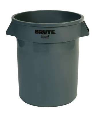A gray trash can with the brand name 'BRUTE' visible.