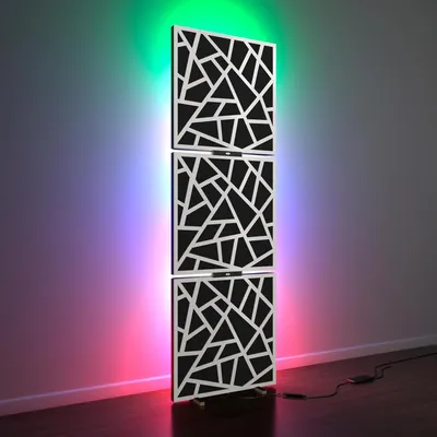 Produktbild von 3er-Pack – Akustikpaneele „SKYROSS” mit Stehleuchte RGB-Licht | Mobiler LED-Akustikständer mit Hintergrundbeleuchtung | 150x50x5cm|Weiß