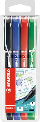 Produktbild von Fineliner mit gefederter Spitze - STABILO SENSOR F - fein - 4er Pack - schwarz, blau, rot, grün