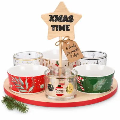 7-teiliges Weihnachts-Servierset mit Holztablett, Porzellan- & Glasschalen