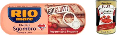 Produktbild von 6x Rio Mare filetti di Sgombro con peperoncino piccante, gegrillte Makrelenfilets mit Olivenöl und chilli 120g + Italian Gourmet polpa 400g
