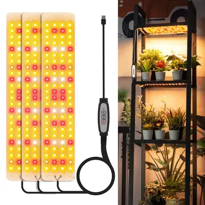 A product shot of three LED grow light panels and a separate image of a plant shelf with grow lights installed.