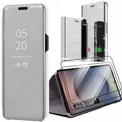 Image de Coque + 2 Verres Trempés pour Samsung Galaxy S25 Ultra, Protection Smart Case Effet Miroir Fenêtre Translucide Argenté