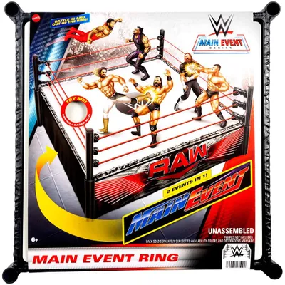 Produktbild von Mattel WWE Superstar-Ring mit Etiketten für Hauptkampf und RAW, mit Sprungfedern und elastischen Ringseilen, 6 Jahr(e), Mehrfarbig, Kunststoff