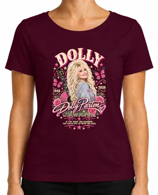 Obrázek produktu pro Dolly Parton. V památce. 1946-2026. Legenda country hudby. Odpočinutí. Dámské tričko, barva: vínová, velikost: S