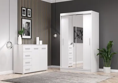 Obrázek produktu pro sada 2 skříní s posuvnými dveřmi Šatní skříň se zrcadlem bílá/bílá 120cm NEOMI 01 s komodou 135cm FRIDA 01