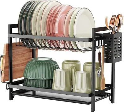 Produktbild von Unyqoos® 2‑stöckiges Abtropfgestell 51 x 24 cm (L x B), Platz für 15 Teller, abnehmbare Abtropfschale, Besteck- & Schneidebretthalter, 3 Haken, schwarz