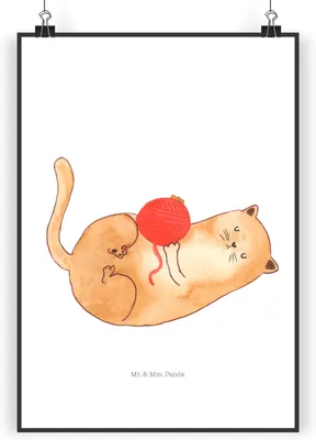 Produktbild von Mr. & Mrs. Panda Bild Katze Wolle DIN A4 - Weiß - Geschenk, Wandbild, wanddeko, kunstdruck poster, Cat, Katzen, Putzig, drucke, Cats, Plakat, Spielen