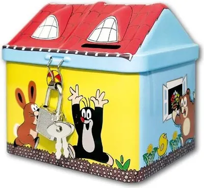 A colorful tin money box shaped like a house, decorated with cartoon characters.