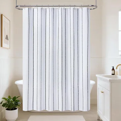 Produktbild von Gestreifter Duschvorhang – Gestreifter Duschvorhang im Boho-Landhausstil aus Polyester-Leinen, wasserdicht beschichtet, neutrales Badezimmer-Set im Landhaus-Shabby-Chic-Look, 182 x 182 cm