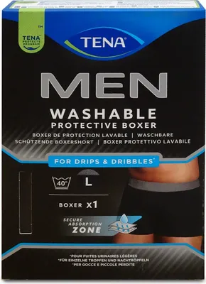 Produktbild von TENA Men Washable Protective Pants Soft Comfy and Secure Boxers for Drips and Dribbles Invisible Protection Classic Cut Light Absorption Black Size L