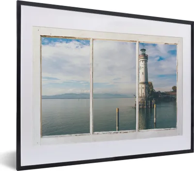 Produktbild von MuchoWow® MuchoWow® Gerahmtes Poster Aussicht - Leuchtturm - Wasser 40x30 cm - Poster mit zchwarzem Bilderrahmen - Bilderrahmen - Poster im Rahmen