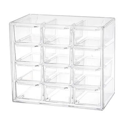A clear, studio shot of a transparent plastic organizer box with 12 drawers, presented against a white background.