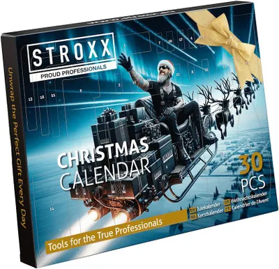 A Christmas advent calendar box with a Santa-like figure riding a sleigh pulled by reindeer.