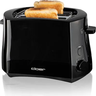 Produktbild von Cloer 3310 Cool-Wall-Toaster, 825 W, für 2 Toastscheiben, integrierter Brötchenaufsatz, Krümelschublade, Nachhebevorrichtung, Schwarz