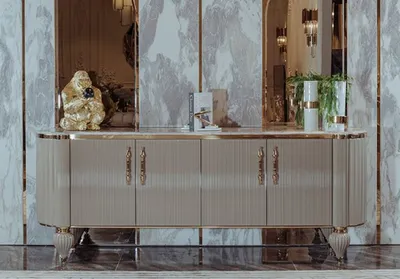 Produktbild von Casa Padrino Luxus Art Deco Sideboard Grau / Weiß / Gold 235 x 54 x H. 90 cm - Edler Massivholz Schrank mit 4 Türen und Kunstmarmor Platte - Art Deco Möbel - Luxus Qualität