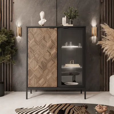 Produktbild von LIAM Zweitürige Vitrine mit Beleuchtung schwarz + Liam Gold mit LED