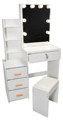Obrázok produktu pre INLEA Toaletný stolík INARA s taburetkou, LED osvetlením (LED ziarovky) a 4 zásuvkami - biely