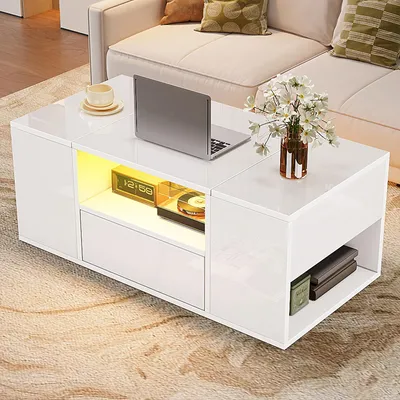 Immagine prodotto di Tavolino da salotto bianco lucido, con illuminazione LED, 1 cassetto + 2 vani portaoggetti, 6 scomparti
