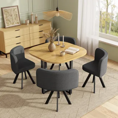 Image de Ensemble de table et chaises Flieks pour 4 personnes, composé d'une table à manger et de quatre chaises grises recouvertes de lin, idéal pour les cuisines et les salles à manger
