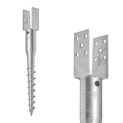 Two views of a metal post anchor with a screw base and a U-shaped top with holes for fasteners.