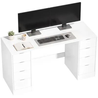 Produktbild von HOMCOM Schreibtisch mit 8 Schubladen Moderner Bürotisch 140 x 53 x 75 cm Weiß