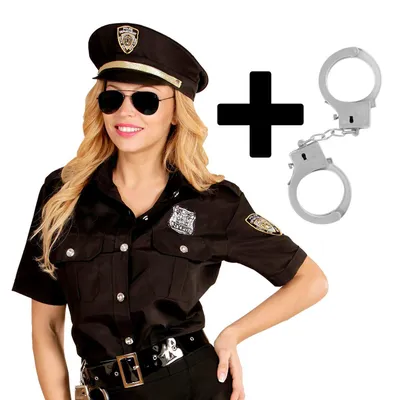 Produktbild von Damen Kostüm Police Officer Bluse + Mütze + Handschellen Cop Polizistin, Größe:M/L