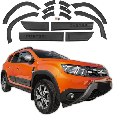 A set of car body kit accessories for a Dacia Duster, including fender flares and door protectors, displayed above the car itself.