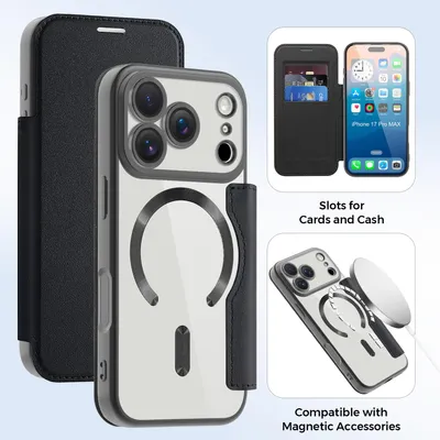 Produktbild von Klapphülle für iPhone 17 Pro Max Kompatibel mit Magsafe, Klar Überzug Kartenhalter Ledertasche mit Kameraschutz Schwarz