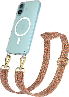 Produktbild von EAZY CASE - Handykette mit MagSafe Hülle für Apple iPhone 16, Handyband ZigZag Style,Karabiner Gold, Umhängeband in Orange