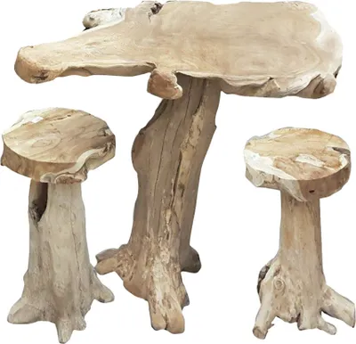A bar table and two stools made from natural wood roots, presented on a white background.