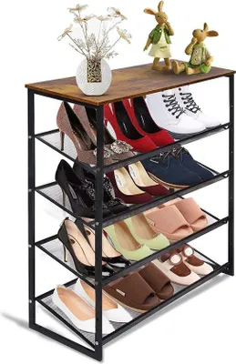 Produktbild von Famanu Schuhregal Metallrahmen mit verstellbaren Mesh-Regalen - Vintage Braun/Schwarz