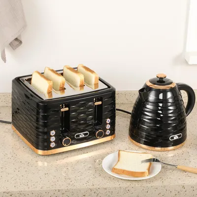Image de Ensemble 2-en-1 : grille-pain et bouilloire, grille-pain à 4 fentes, ensemble pour le petit-déjeuner, noir, plastique | 1,7 L | 7 niveaux de brunissage | Protection contre la surchauffe