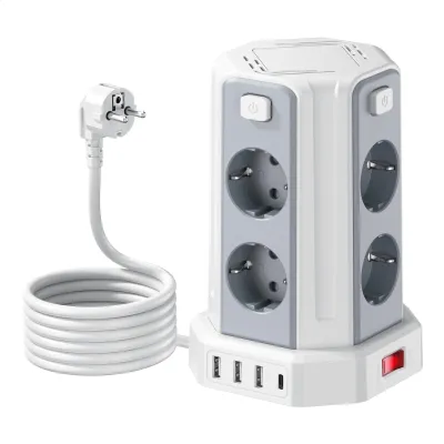 Productafbeelding van Stroomstrip met 4 USB-poorten, 8 stopcontacten, overspanningsbeveiliging, stroomstrip met 4 individueel schakelbare stopcontacten, 3 meter verlengkabel, stekkerdoos met meerdere stopcontacten voor thuis en kantoor