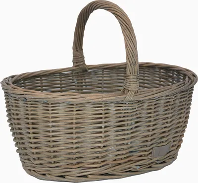 A woven basket with a handle, presented against a white background.