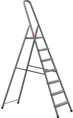 A gray stepladder against a white background.