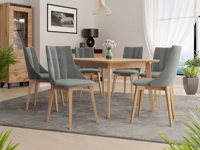 Obrázek produktu pro Rozkládací jídelní stůl se 6 židlemi NOWEN 2 - přírodní dřevo / šedý