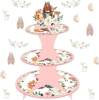 Productafbeelding van Famanu cupcake-standaard met motieven van bosdieren - roze