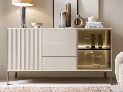 Produktbild von GRAINGOLD TV-Kommode Deo, Kaschmir, LED-Beleuchtung mit Glas, PUSH-TO-OPEN-System, Türen, laminierte Platte, MDF, gehärtetes Glas, Loft-Stil, 83x154x39 cm, Selbstmontage, ABS-Kantenschutz