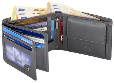 Produktbild von RFID echt Leder Portemonnaie Geldbörse Herren Rindleder Schwarz (9901) Grau