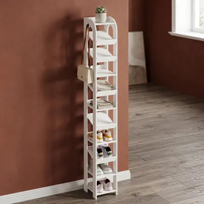 Produktbild von Vertikales Schuhregal, 11 Ebenen, mit Haken, 25B cm, Weiß | Holz-Schuh-Organizer für Schrank, Eingang, Schuhturm für Kleine Räume, Freistehend