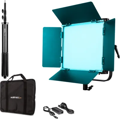 Produktbild von Walimex pro LED Rainbow 50W RGBWW Set - bestehend aus Leuchte, Abschirmklappen, Netzteil, Transport- und Aufbewahrungstasche, Lampenstativ inkl. Spigot und Adapter